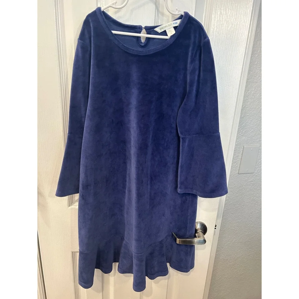Garnet Hill Kids Velour Dress Blue Bell Sleeve‎ Ruffle Hem Girls Size 12 Holiday